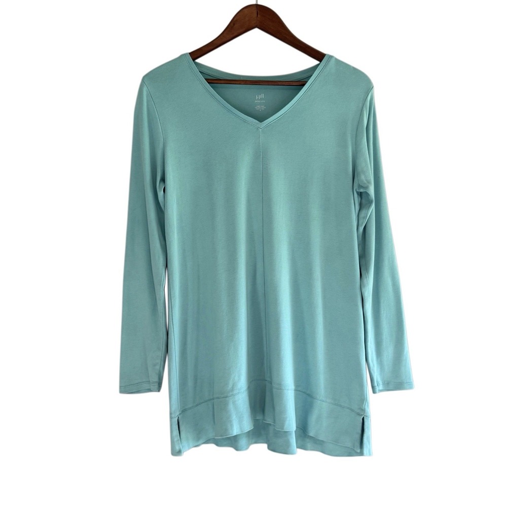 J Jill Perfect Pima Cotton V Neck Tunic Top Blue Long Sleeve Casual Comfort Med
